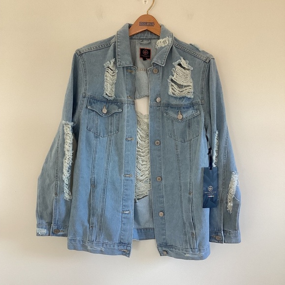Boom Boom Distressed Torn Moto Jean Denim Trucker Jacket Sz L Relaxed Fit NWT - Picture 1 of 14